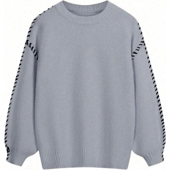 Women's Grey Oversized Stitching Long Sleeve Crew Neck Baggy Knit Sweaters - Picture 2 of 5